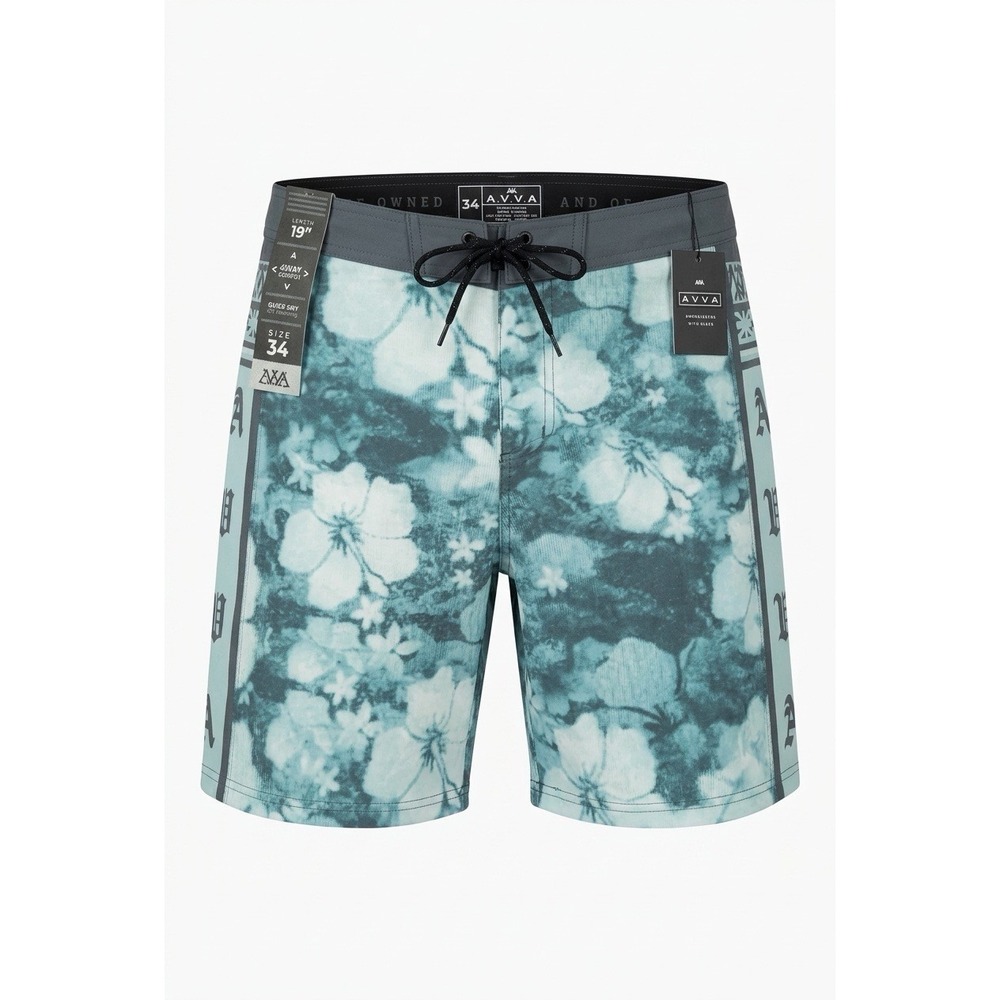 AVVA Represent 19in Boardshorts Mens Blue Floral 4-Way Stretch, Size 34, NWT
